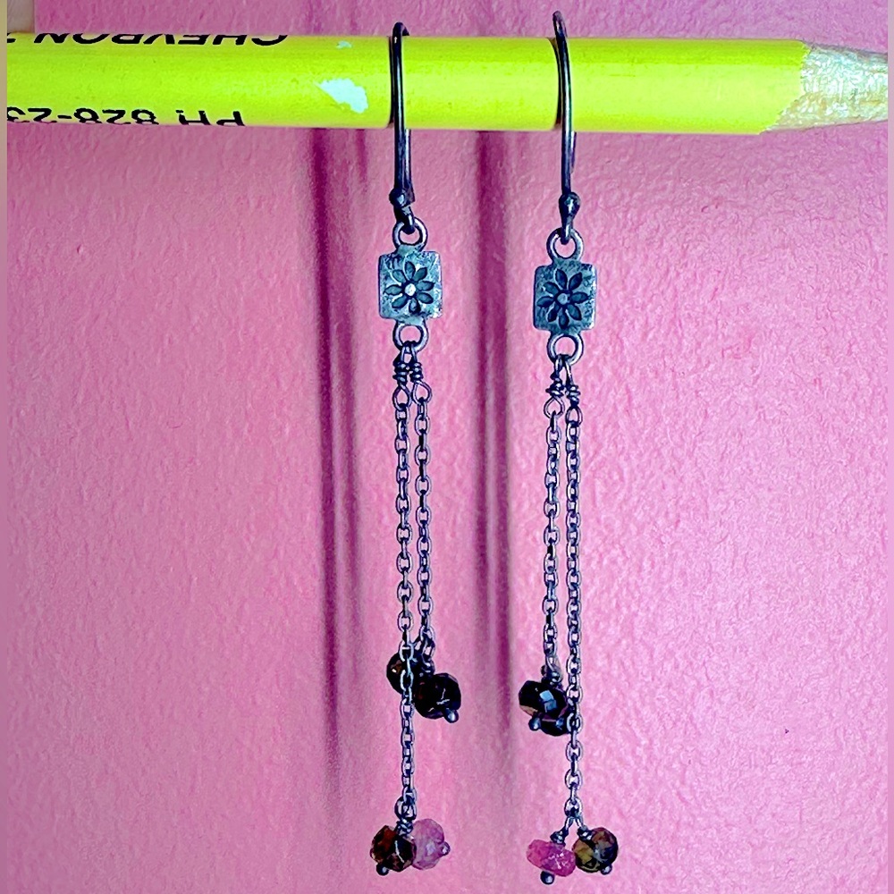 Handmade Watermelon Tourmaline Peridot Silver Flower Dangle Earrings - Picture 4 of 7
